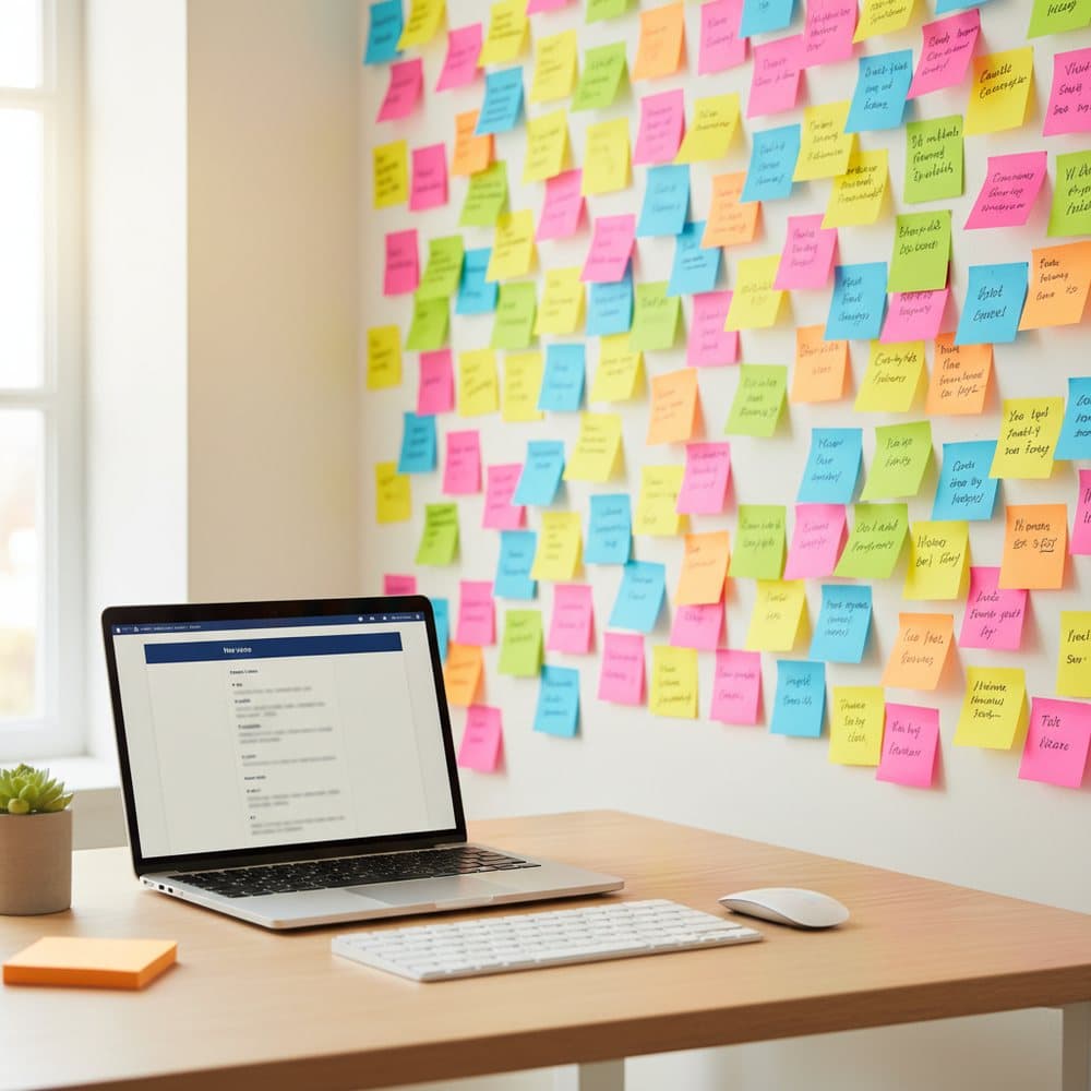 A laptop with Fieldnote open, in front of a wall of sticky notes