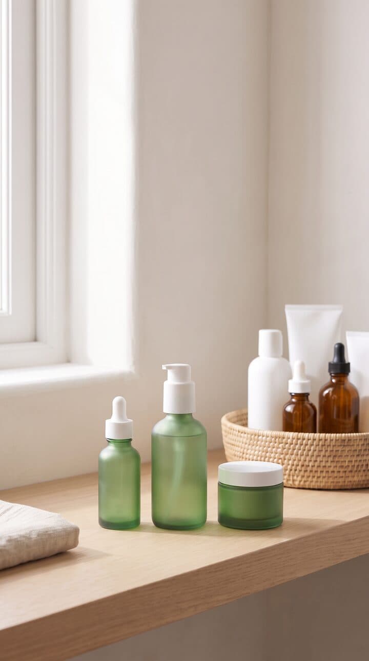 The same three green bottles on the shelf, shot vertical for Reels