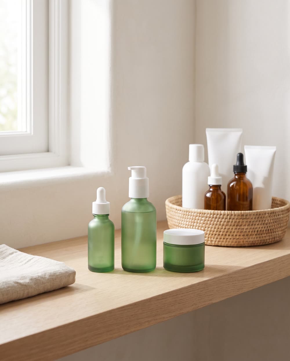 Three green Mint & Moss bottles on a bathroom shelf, the rest of the products set aside in a basket